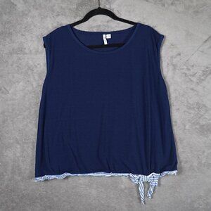ELLE Sleeveless Blouse Womens XL Boxy Navy Striped Bow Contrast Hem Coastal